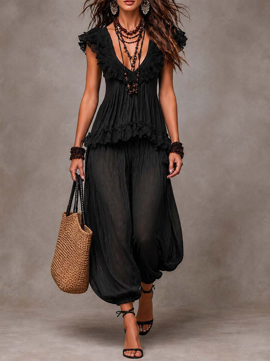 Black Cotton-Lace Bohemian Co-Ord Set With Harem Pants