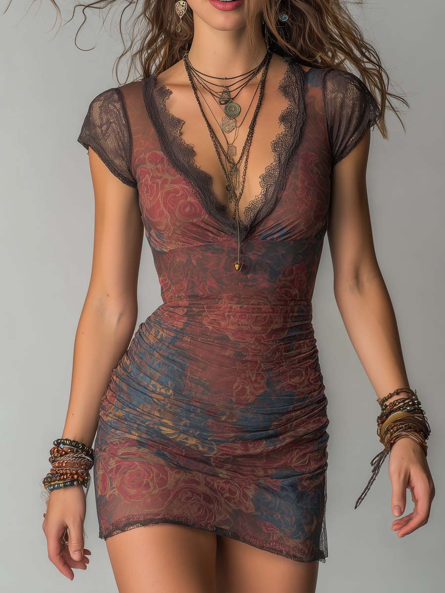 Retro Floral Print Mini Dress With Lace Trim