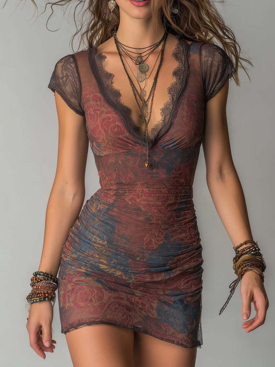 Retro Floral Print Mini Dress With Lace Trim
