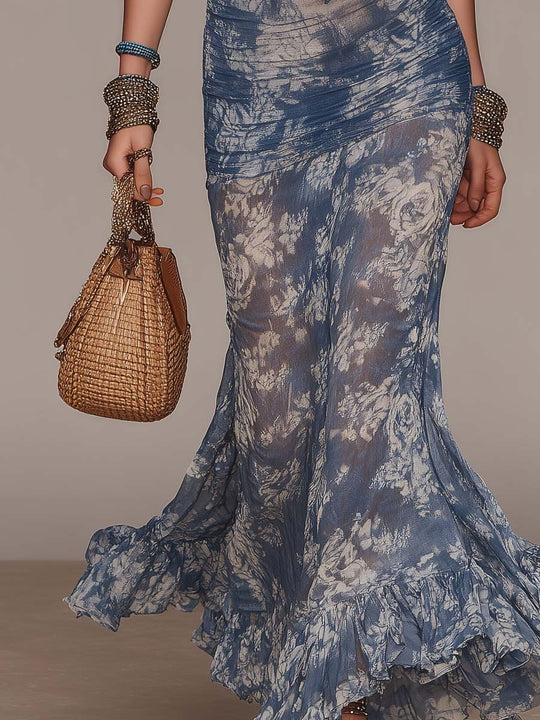 Retro Lace Halter Neck Rose Prined Mesh Flare Hem Maxi Dress
