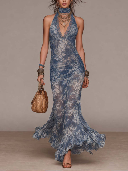 Retro Lace Halter Neck Rose Prined Mesh Flare Hem Maxi Dress