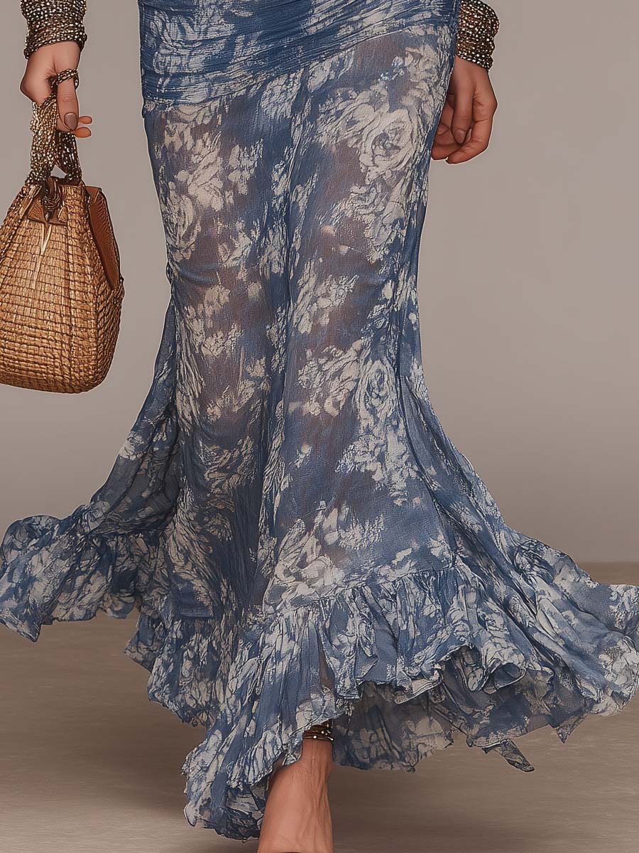 Retro Lace Halter Neck Rose Prined Mesh Flare Hem Maxi Dress