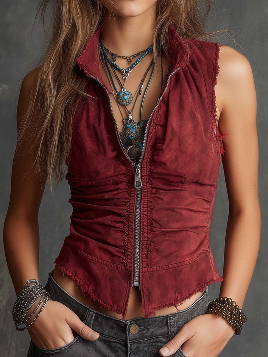 Retro Ruched-Front Denim Vest