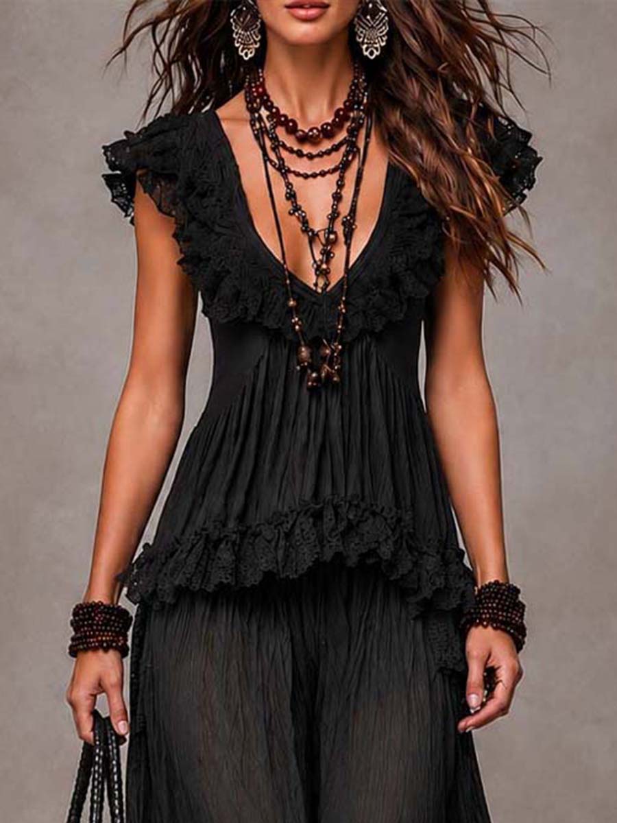 Black Cotton-Lace Bohemian Co-Ord Set With Harem Pants