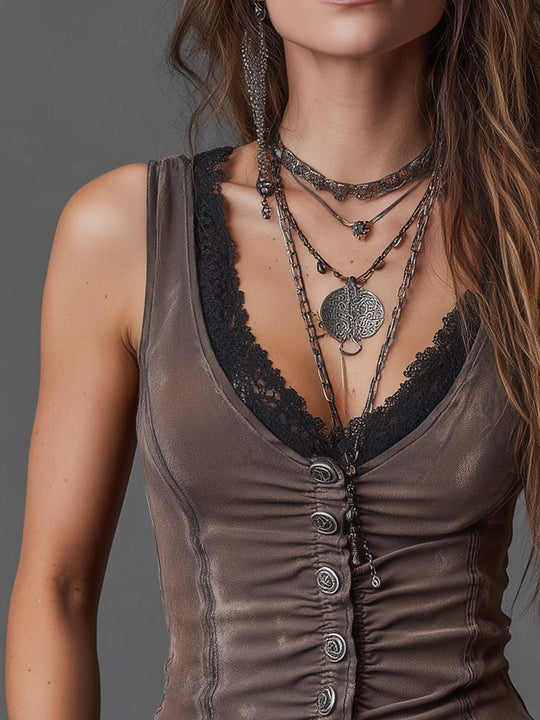 Vintage Distressing Lace-Collar Ruched Denim Vest