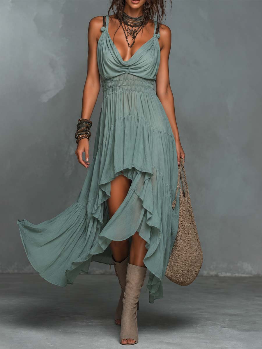 Bohemian Vintage Teal Smocked High-Low Tiered Maxi Dress