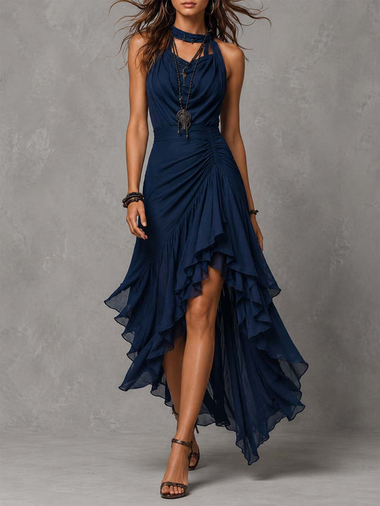 Vintage Elegant Navy Chiffon Halter Neck Asymmetrical Ruffle Maxi Dress