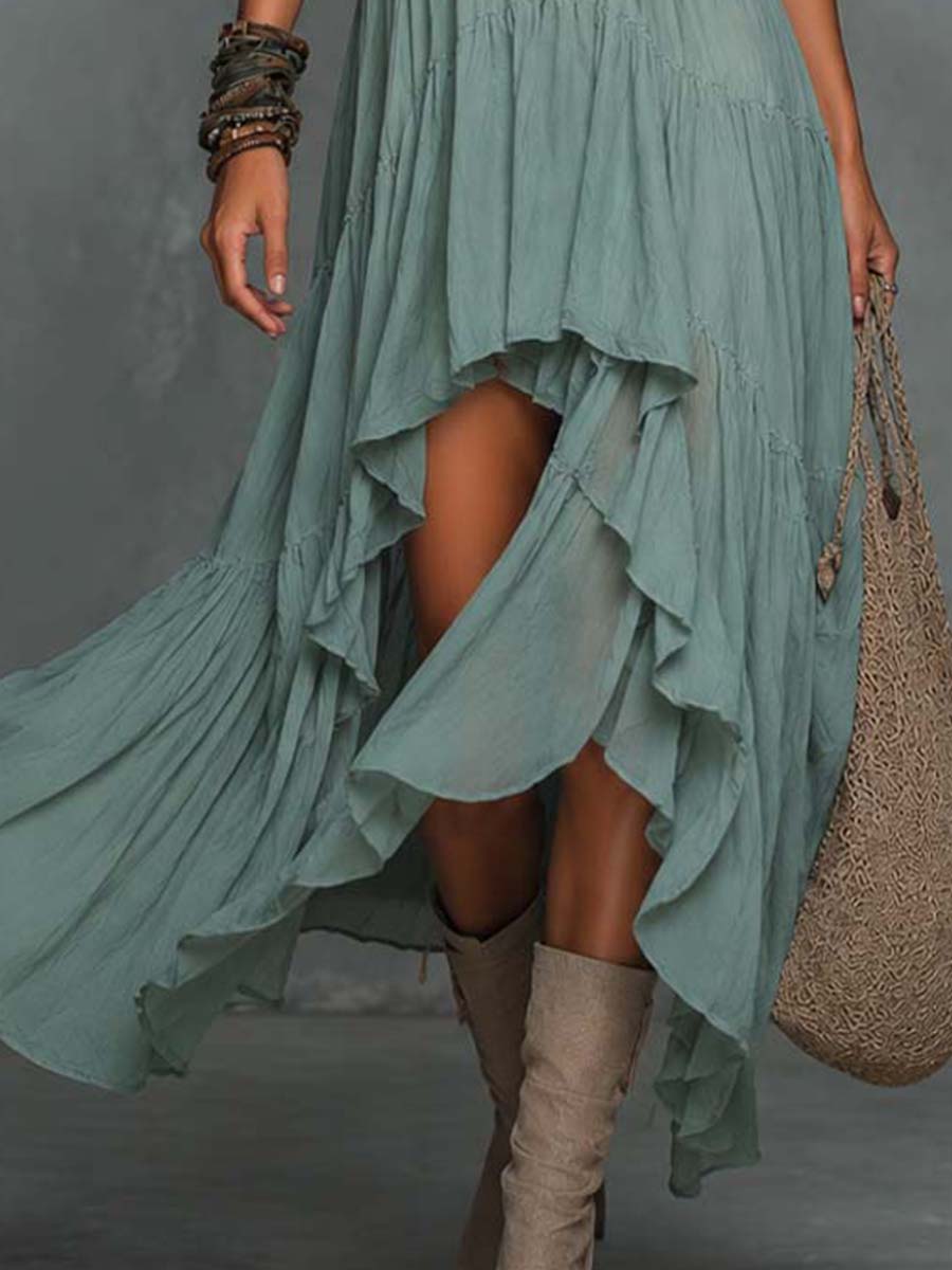 Bohemian Vintage Teal Smocked High-Low Tiered Maxi Dress