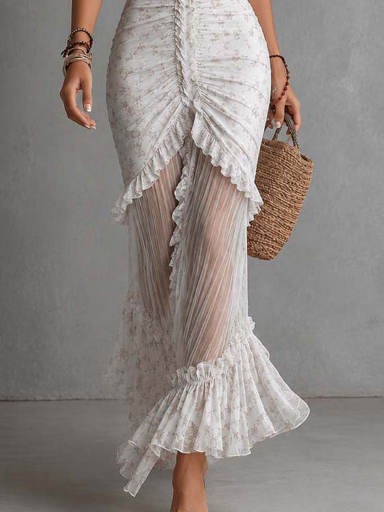 Vintage Elegant Floral Chiffon Ruched Sweetheart Neck Mermaid Maxi Dress