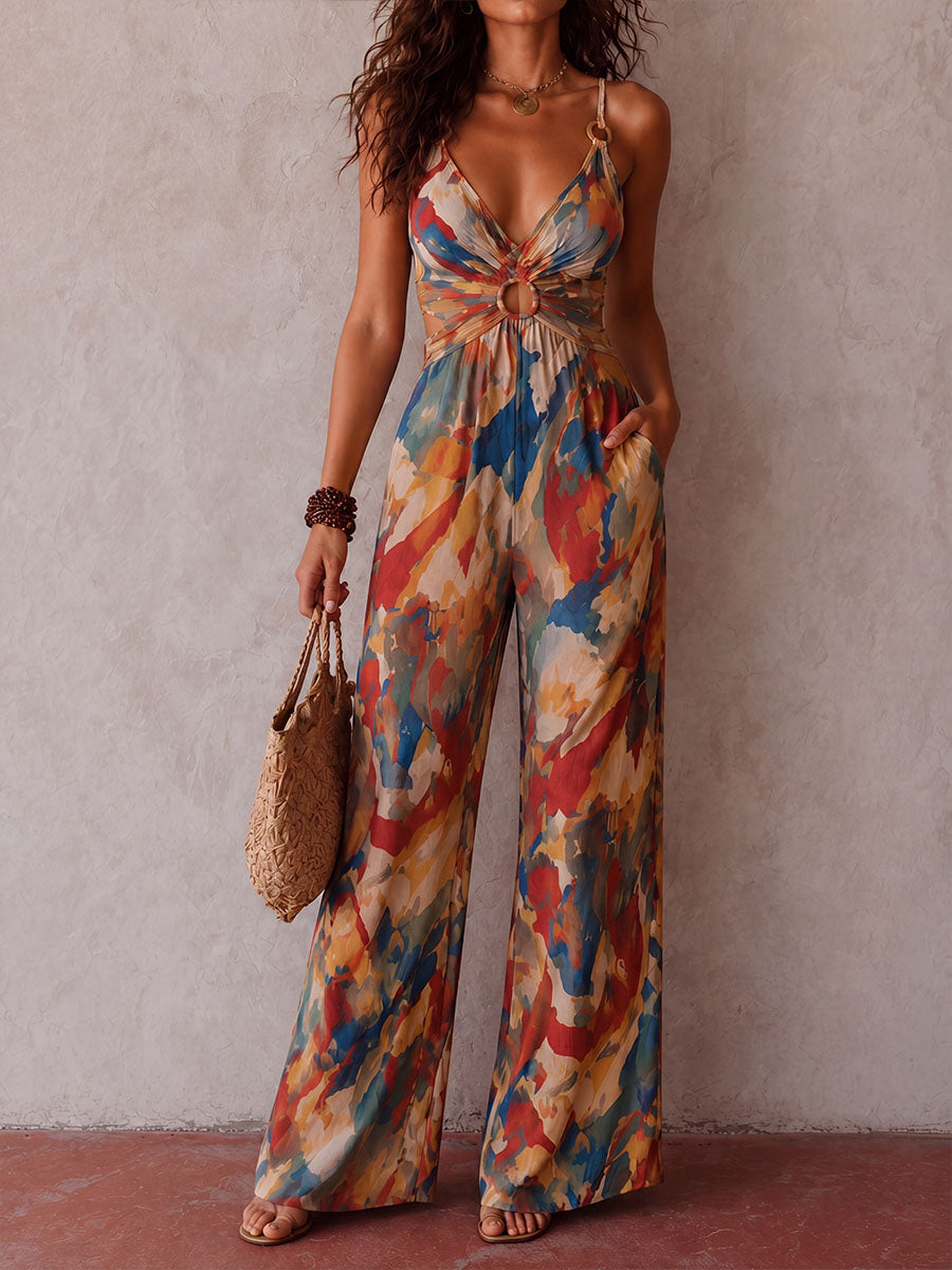Boho Abstract Print Ring Detail Cutout Halter Wide-Leg Jumpsuit