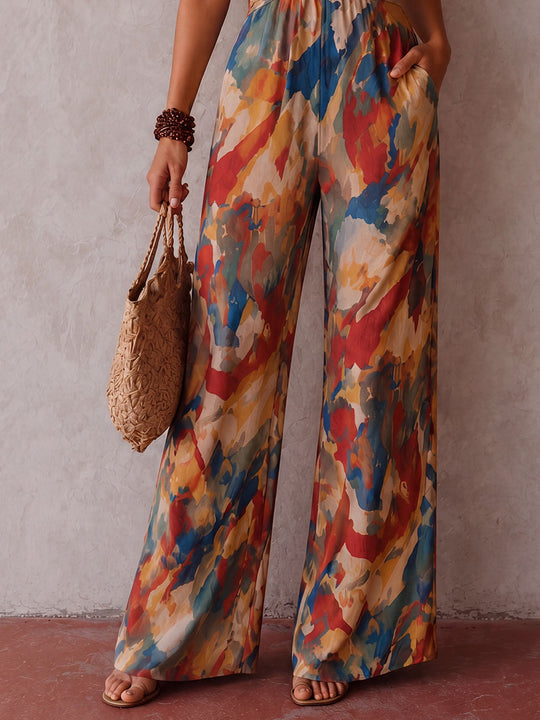 Boho Abstract Print Ring Detail Cutout Halter Wide-Leg Jumpsuit