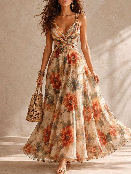Boho Rust Floral Pleated V-Neck Chiffon Maxi Dress