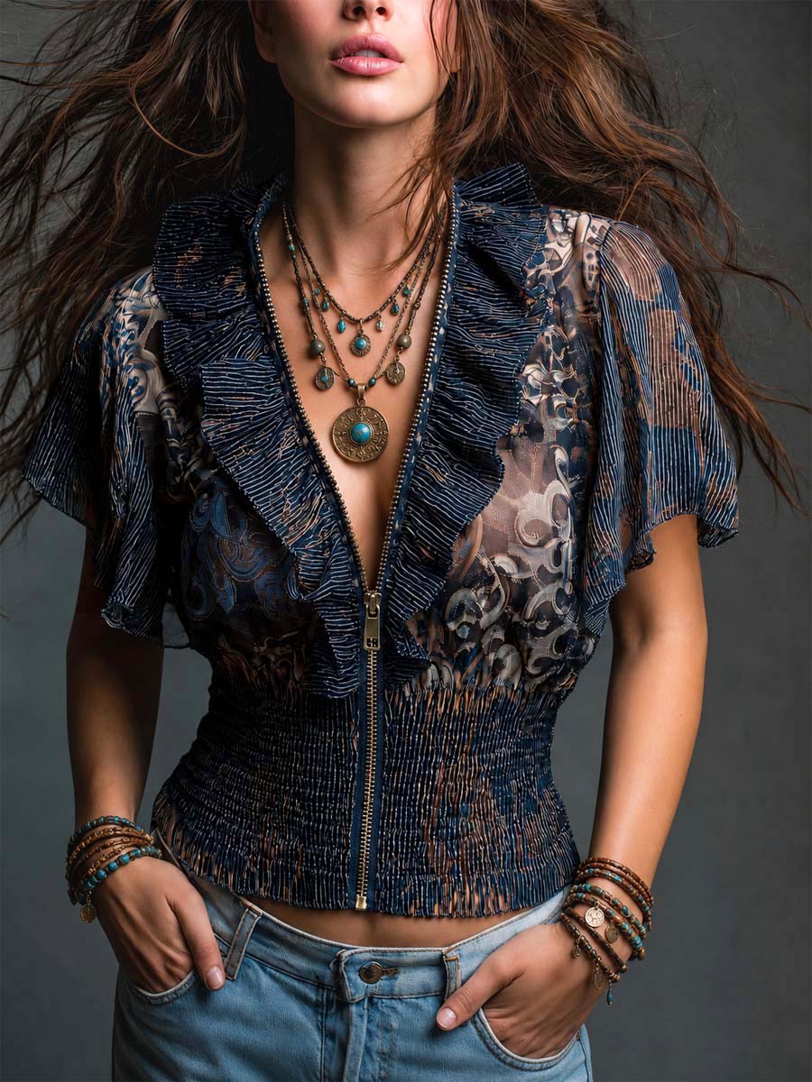 Vintage Boho Abstract Print Sheer Chiffon Ruffle Zip-Up Blouse