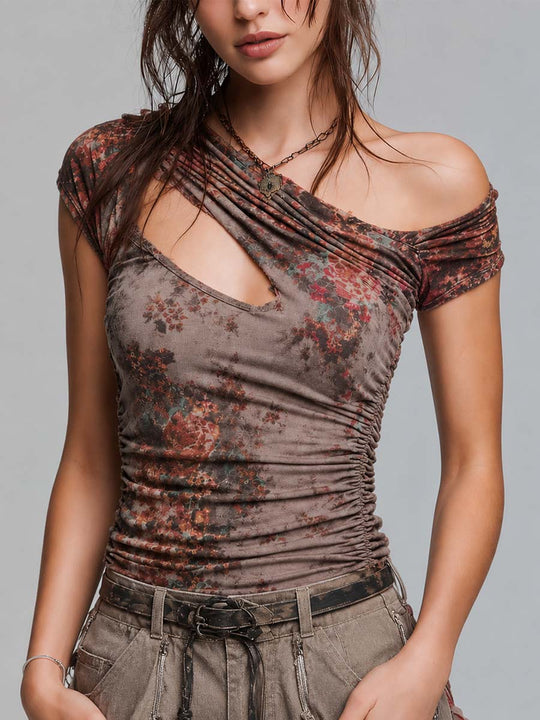 Vintage Boho Floral Cotton Knit Asymmetric Ruched Top