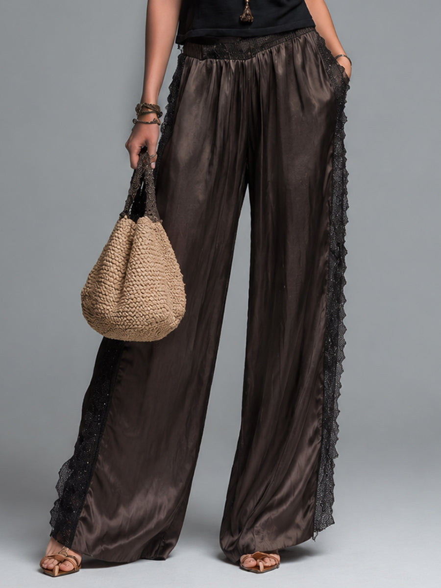 Casual V-Neck Sleeveless Top & Lace-Trimmed Wide-Leg Pants Set