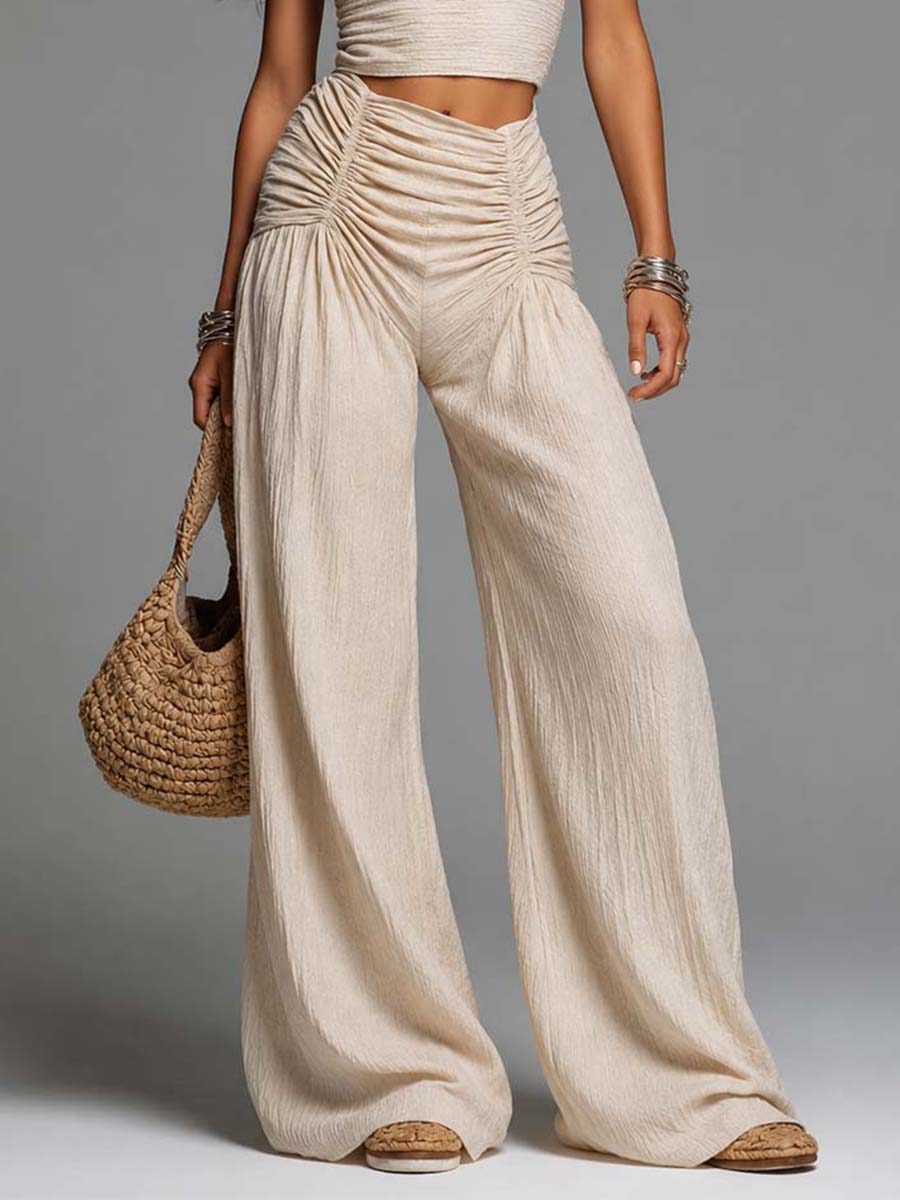 Vintage Bohemian Beige Crinkled Cotton-Linen Ruched Co-Ord Set
