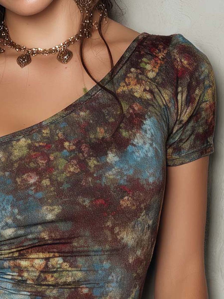 Vintage Boho Abstract Art Print One-Shoulder Ruched Top