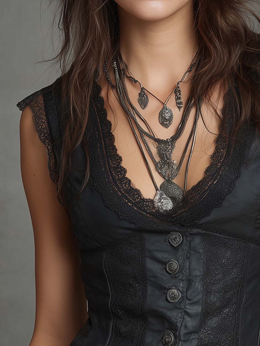 Vintage Lace Trim Faux Leather Vest