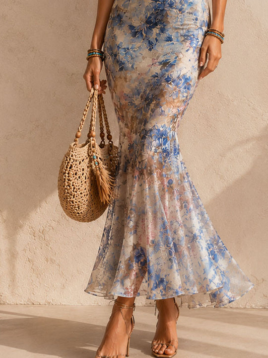 Boho Romantic Floral Mesh Mermaid Maxi Dress