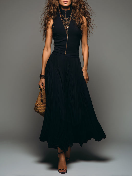 Retro Stand-Collar Zip-Front Slim-Fit Top & Pleated Maxi Skirt Set
