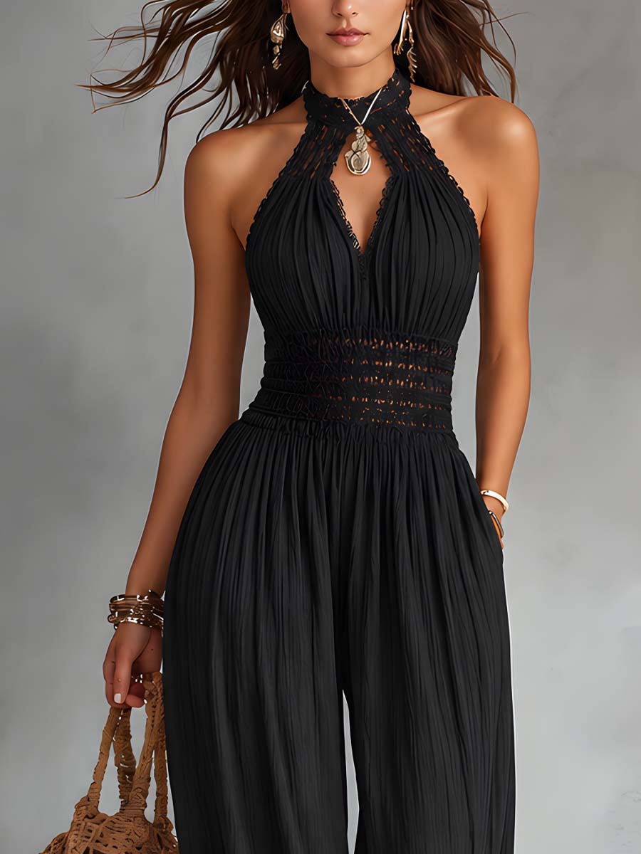 Vintage Lace-Trimmed Keyhole Neck Jumpsuit