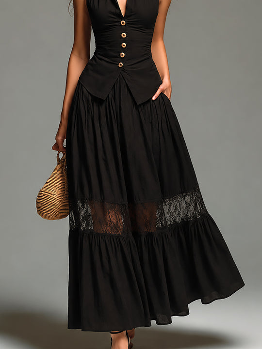 Retro Shirt-Collar Slim-Fit Vest & Lace-Trimmed Maxi Skirt Set