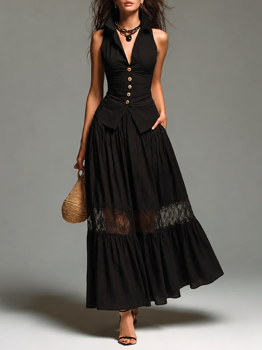 Retro Shirt-Collar Slim-Fit Vest & Lace-Trimmed Maxi Skirt Set