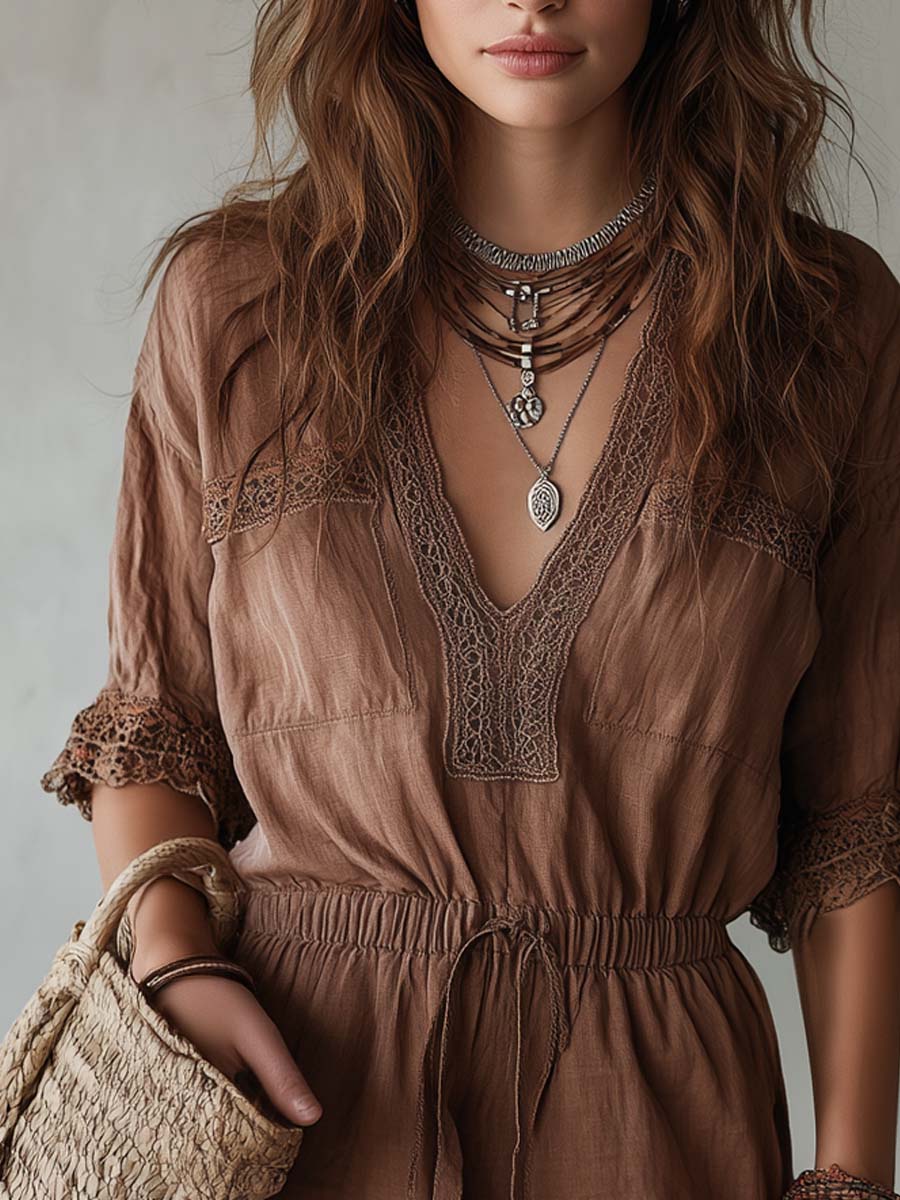 Retro Lace-Trimmed Cotton-Linen Short-Sleeve Jumpsuit
