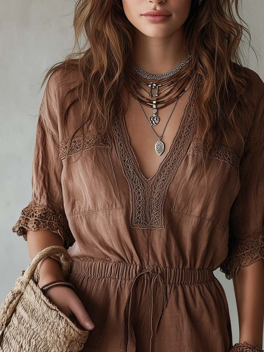 Retro Lace-Trimmed Cotton-Linen Short-Sleeve Jumpsuit