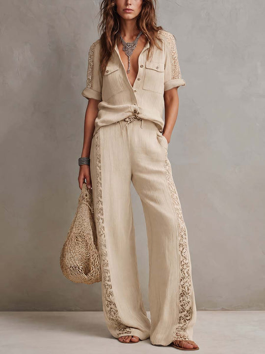 Retro Lace Trim Cotton-Linen Two-Piece Set