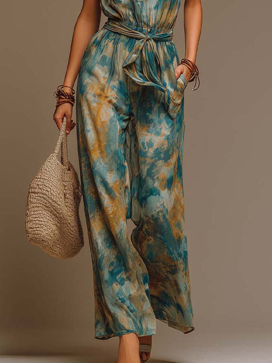 Vacation-Style Cotton-Feel Watercolor-Print Jumpsuit