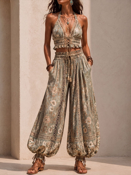 Bohemian Vacation Floral Lace Trim Top & Balloon Pants Two-Piece Set