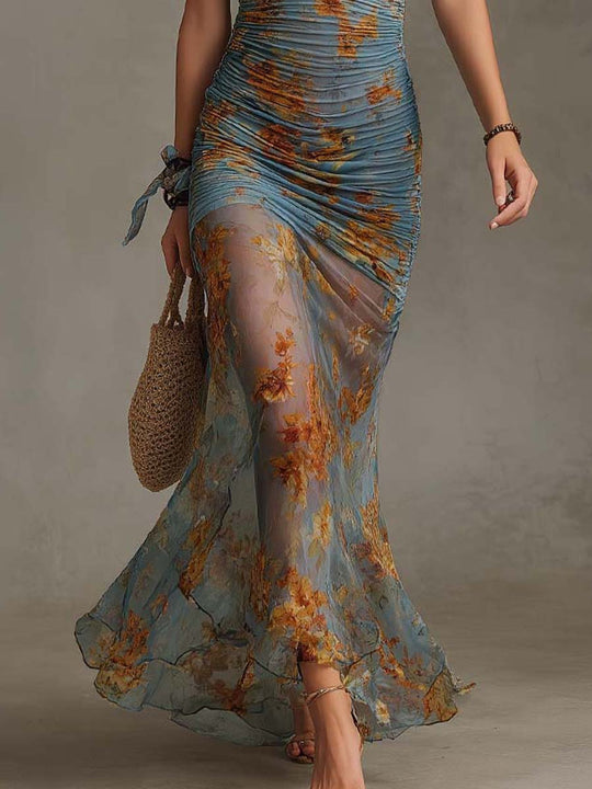 Vintage Bohemian Floral Sheer Stretch Mesh Halter Ruched Mermaid Maxi Dress