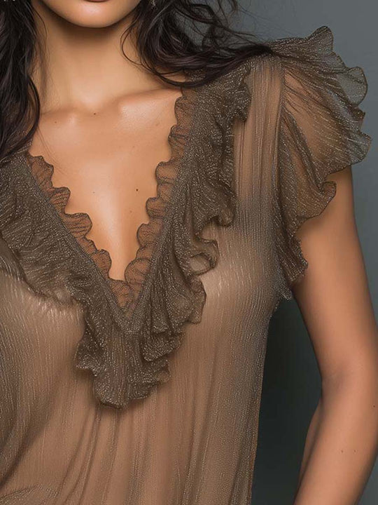 Vintage Elegant Brown Glitter Chiffon Ruffle V-Neck Cap Sleeve Blouse