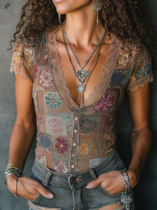 Boho Patchwork Print Lace Mesh Button-Up Blouse