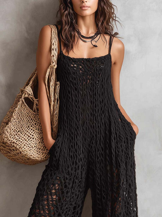 Retro Square Neckline Openwork Knit Jumpsuit