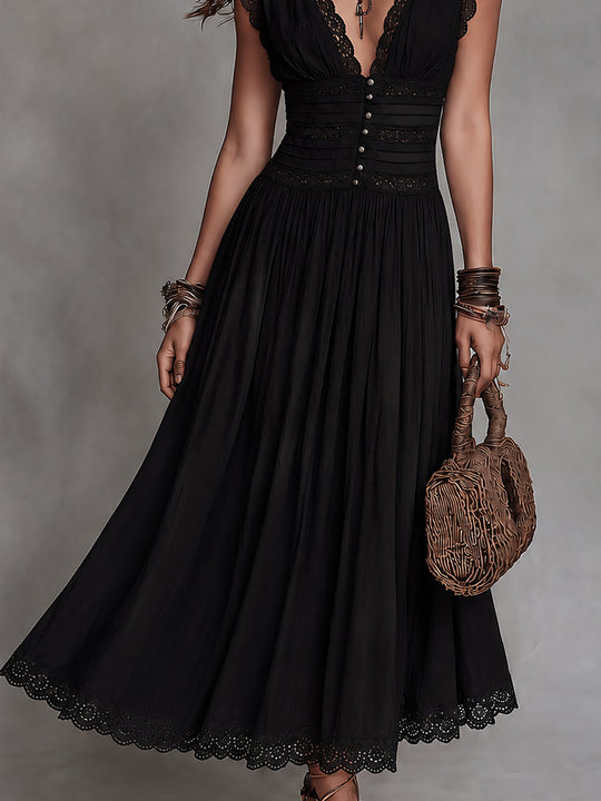 Retro Lace-Trimmed Button-Embellished Pleated Maxi Dress