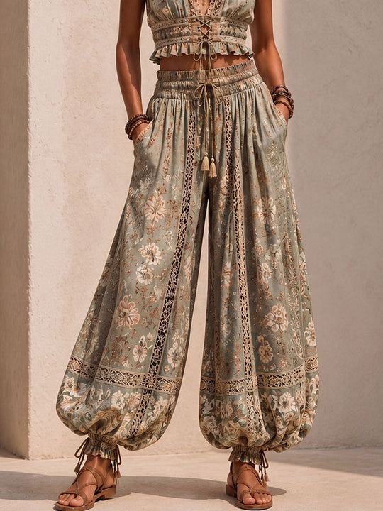 Bohemian Vacation Floral Lace Trim Top & Balloon Pants Two-Piece Set