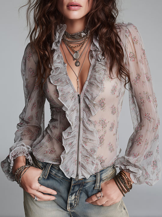 Retro Ruffled-Trim Printed Front Zipper Chiffon Long Sleeves Blouse
