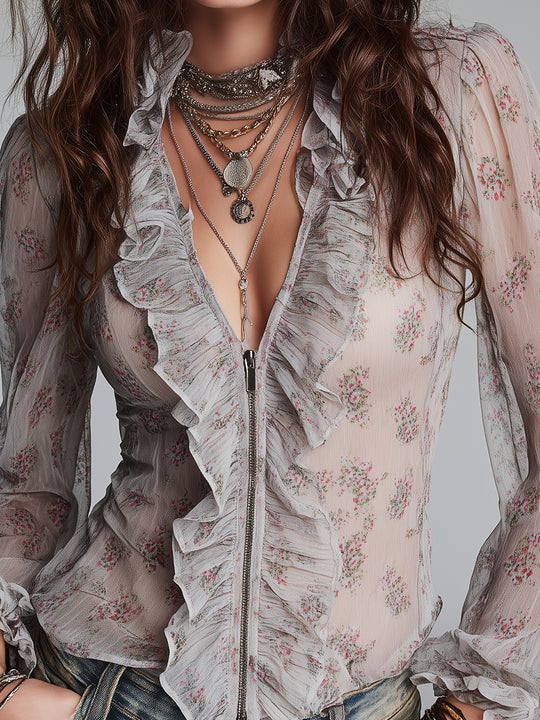 Retro Ruffled-Trim Printed Front Zipper Chiffon Long Sleeves Blouse
