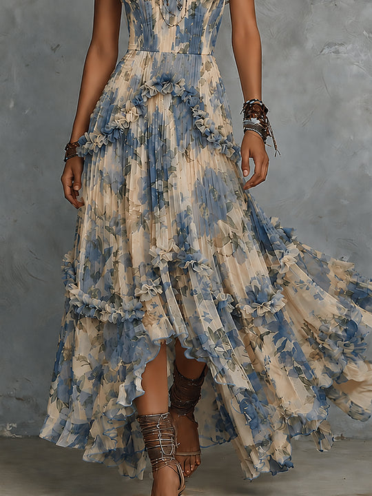 Retro Strapless Printed Pleated Ruffle Trim Chiffon Maxi Dress