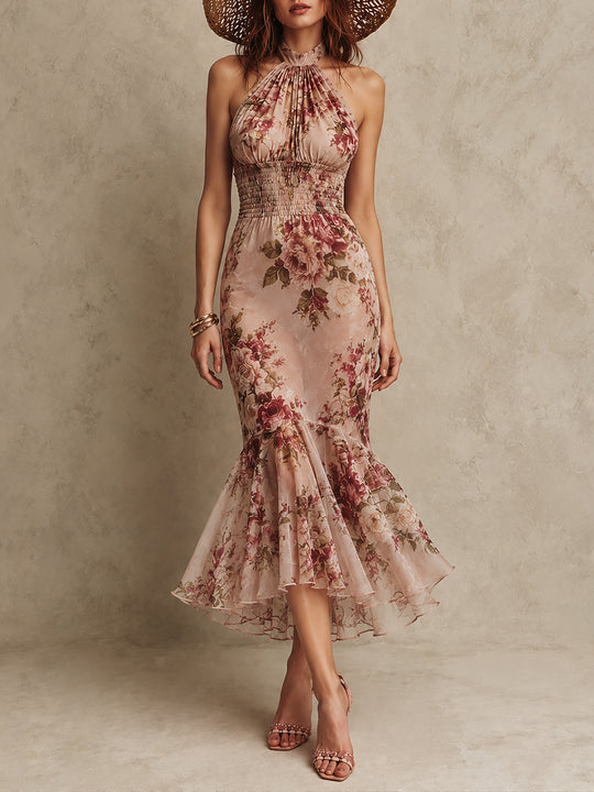 Retro Stand-Collar Shirred-Waist Fishtail Chiffon Printed Maxi Dress
