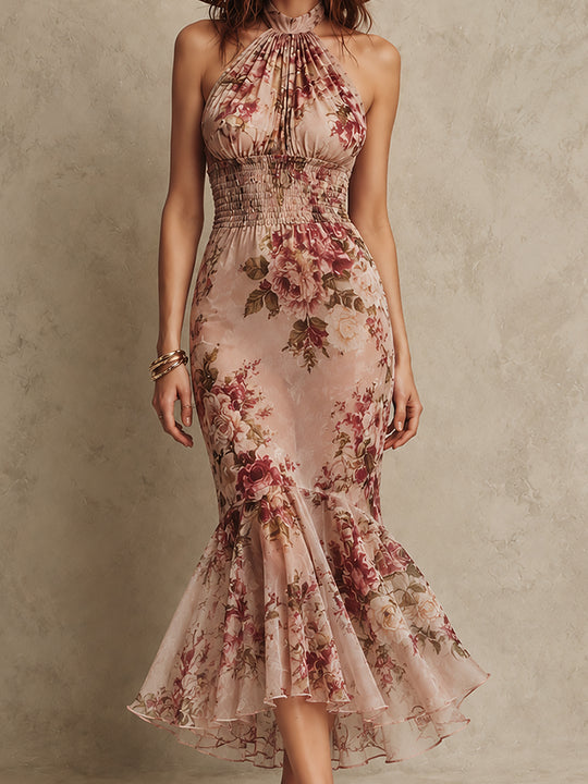 Retro Stand-Collar Shirred-Waist Fishtail Chiffon Printed Maxi Dress