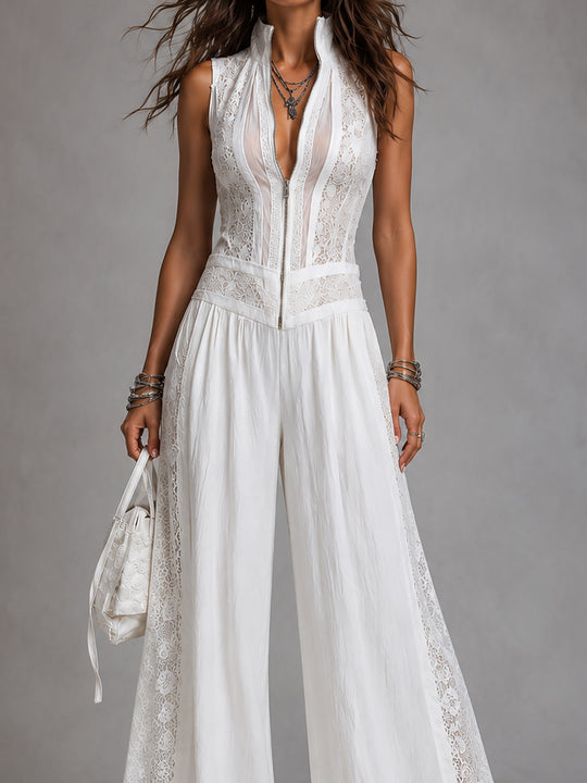 Retro Stand-Collar Tencel Wide-Leg Jumpsuit With Lace Trim