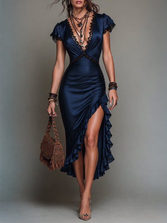 Elegant Lace-Trimmed Ruffled-Hem Satin Midi Dress