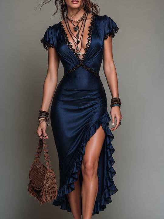 Elegant Lace-Trimmed Ruffled-Hem Satin Midi Dress
