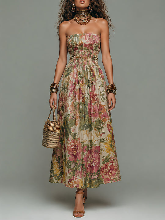 Boho Tropical Print Strapless Smocked Maxi Dress
