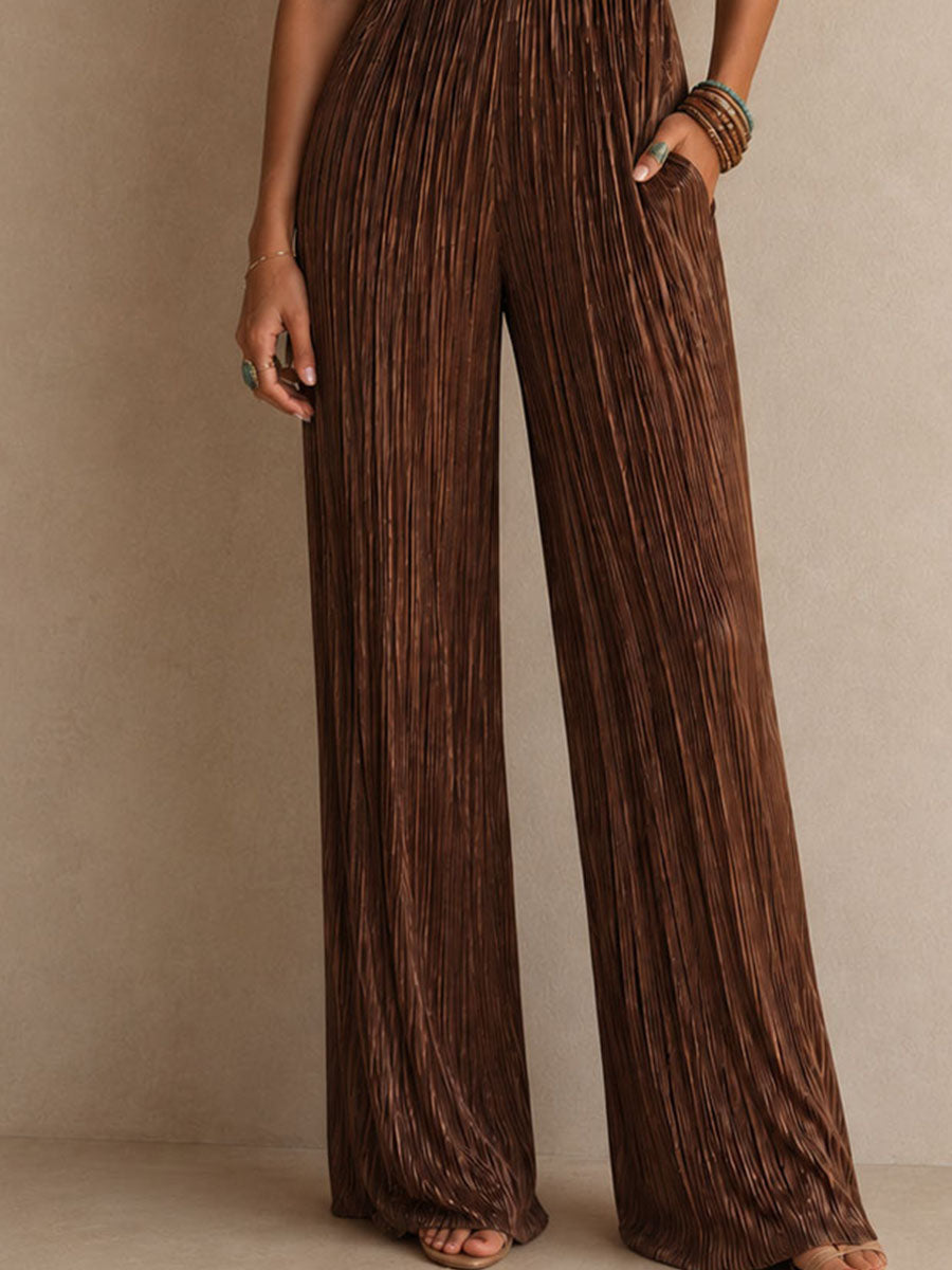 Quiet Luxury Bronze Pleated Wide-Leg Jumpsuit