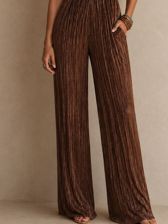 Quiet Luxury Bronze Pleated Wide-Leg Jumpsuit