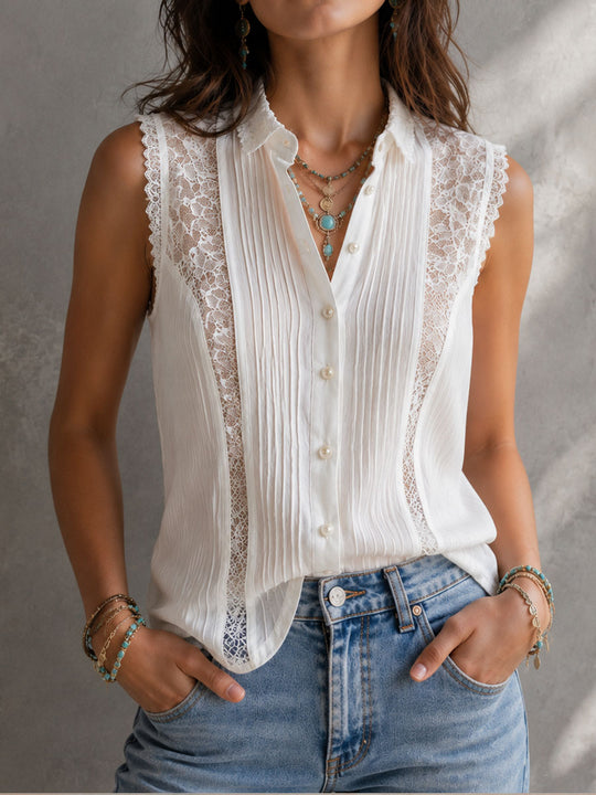 Boho Romantic White Pleated Sleeveless Lace Panels Blouse